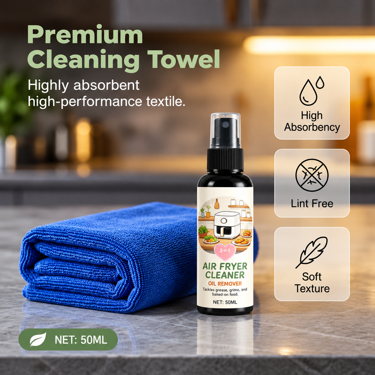 2-in-1 Air Fryer Cleaner and Degreaser Spray-50ml+Towel
