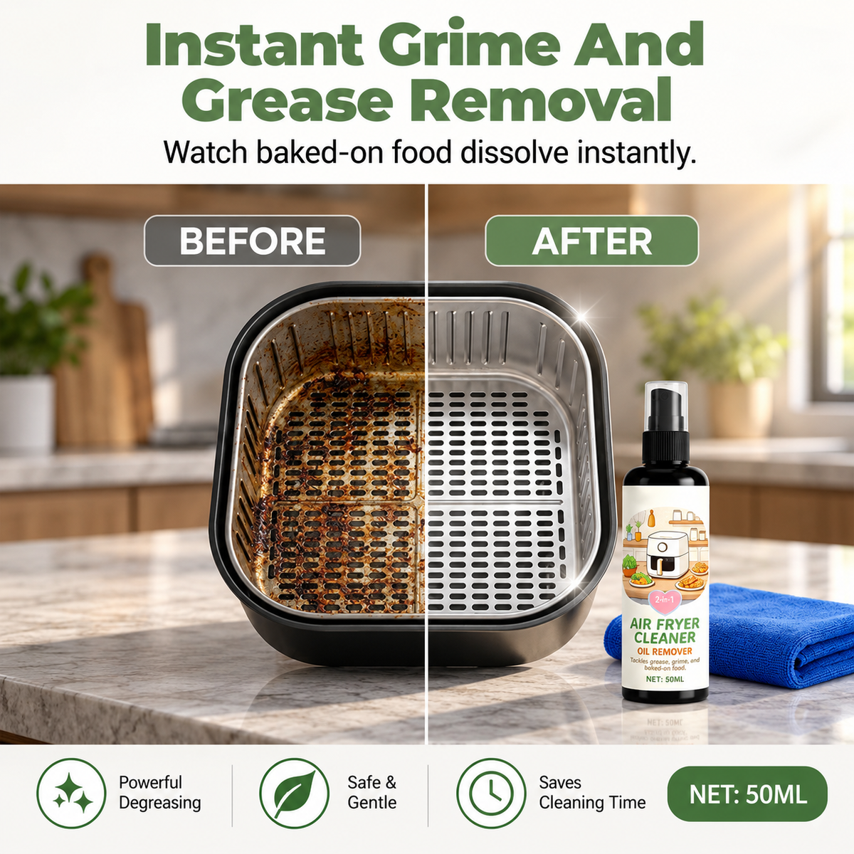 2-in-1 Air Fryer Cleaner and Degreaser Spray-50ml+Towel